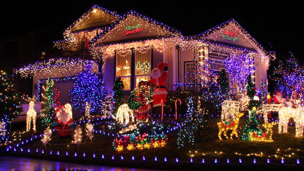 Festive lights decorate a family home at Christmas