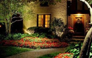A well lit front yard with porch lights and lights that highlight plants and illuminate the path